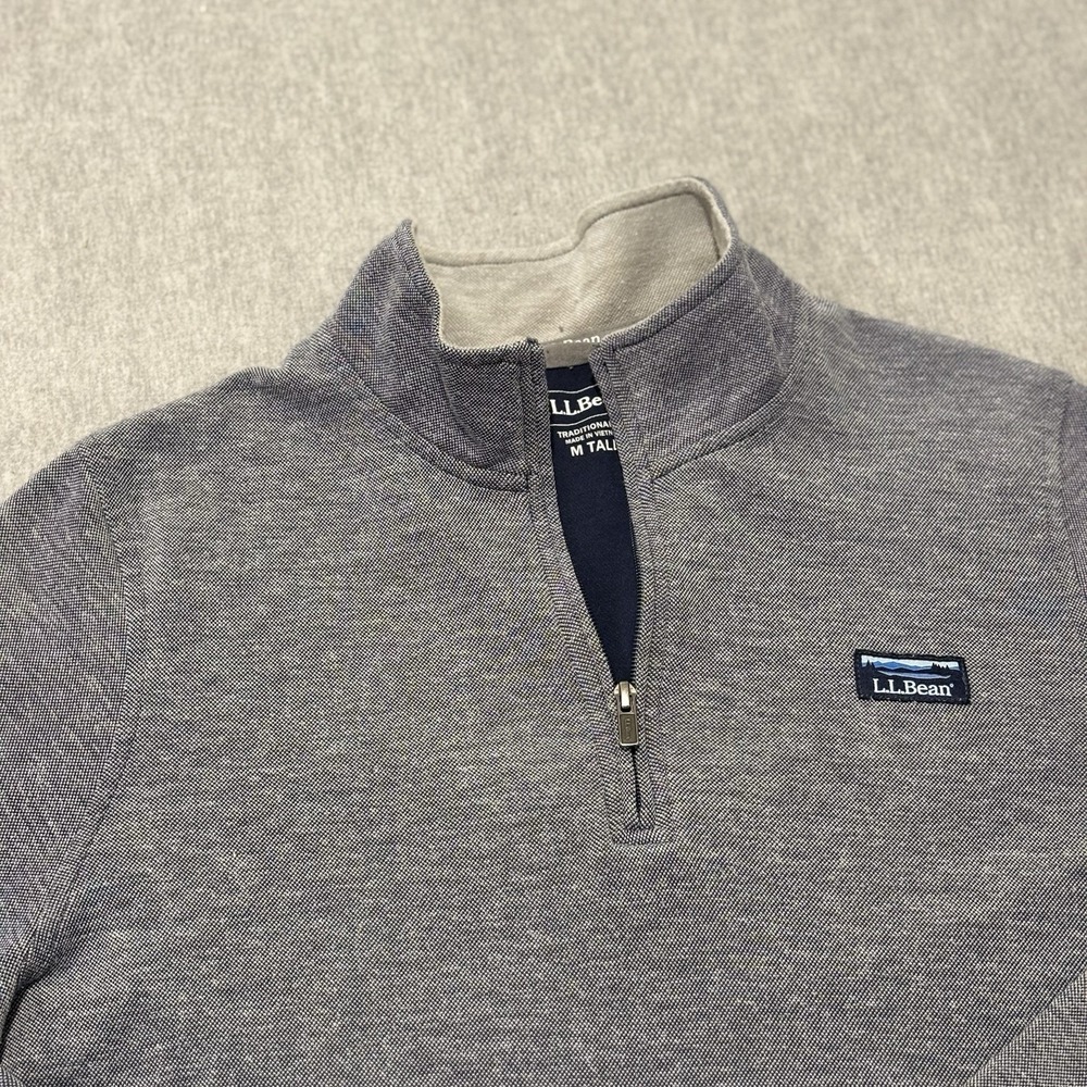 LL Bean Mens Medium Tall Gray Birdseye Quarter Zip Pullover Sweater 514037